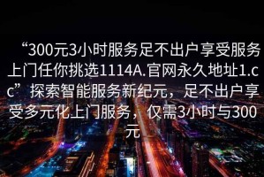“300元3小時服務(wù)足不出戶享受服務(wù)上門任你挑選1114A.官網(wǎng)永久地址1.cc”探索智能服務(wù)新紀(jì)元，足不出戶享受多元化上門服務(wù)，僅需3小時與300元