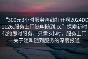 “300元3小時服務(wù)再線打開啊2024DD1126.服務(wù)上門隨叫隨到.cc”探索新時代的即時服務(wù)，只需3小時，服務(wù)上門—關(guān)于隨叫隨到服務(wù)的深度報道