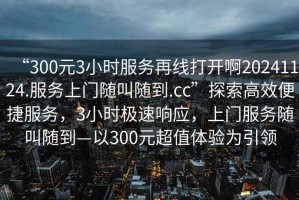 “300元3小時服務(wù)再線打開啊20241124.服務(wù)上門隨叫隨到.cc”探索高效便捷服務(wù)，3小時極速響應(yīng)，上門服務(wù)隨叫隨到—以300元超值體驗為引領(lǐng)